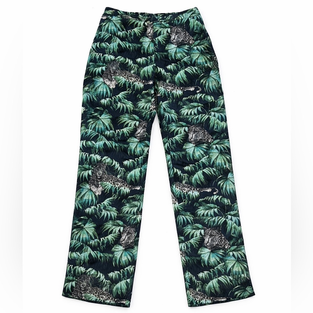 Zara Jungle Leopard Print Pants XS Green Tropical Wide Leg